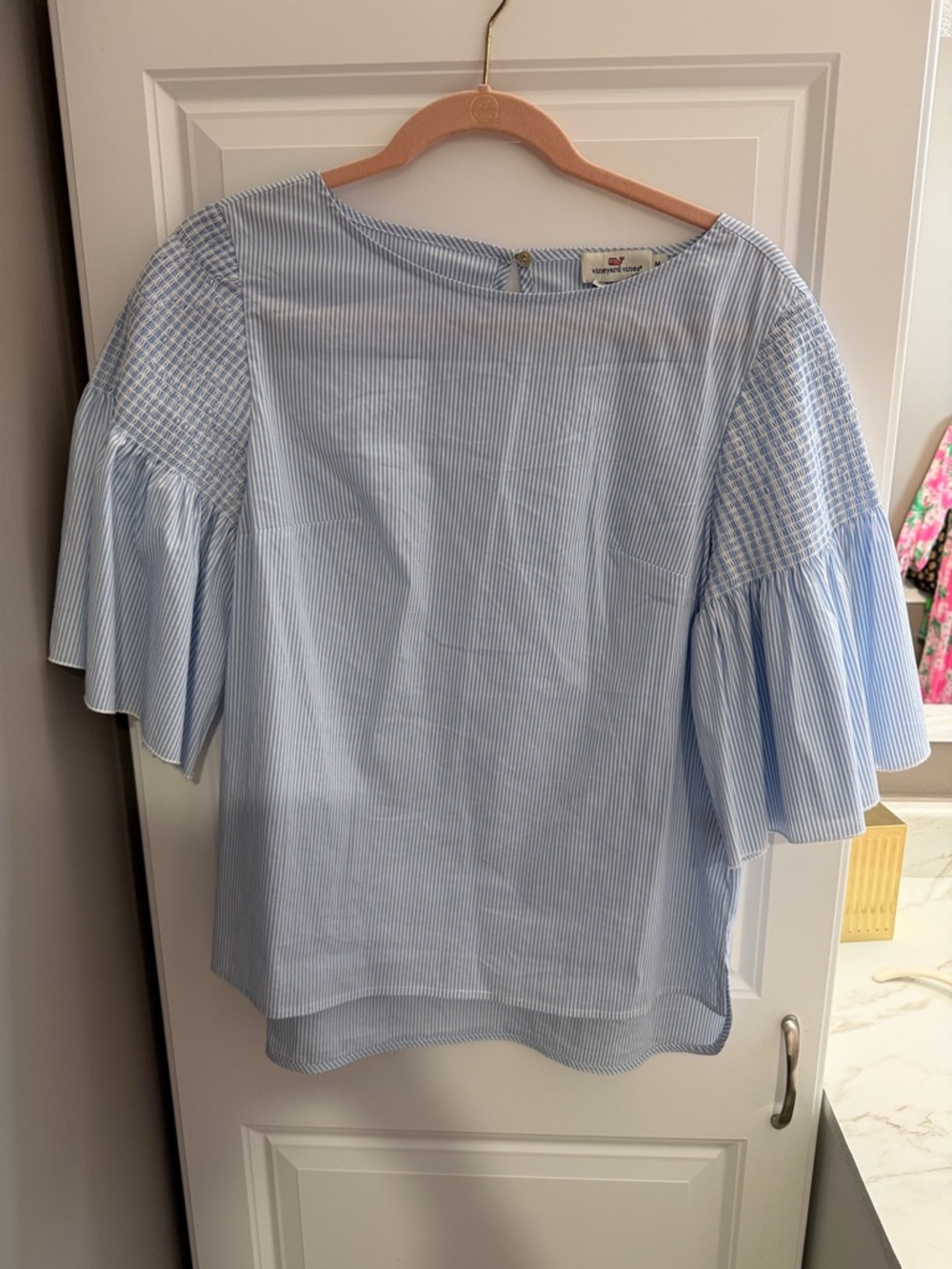 Vineyard Vines Light Blue Striped Ruffle Sleeve Blouse